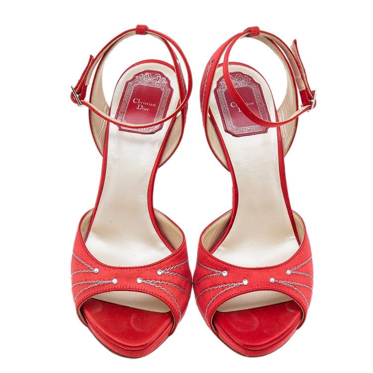 Pre Owned Dior Red Satin Embellished Peep Toe Platform Sandals Size 37.5