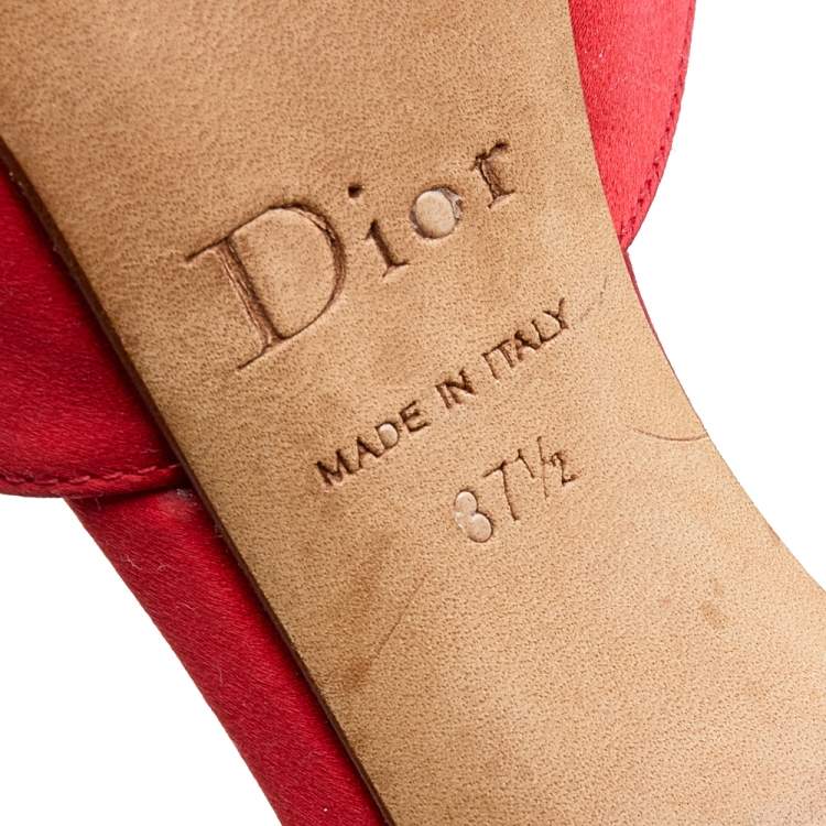 Pre Owned Dior Red Satin Embellished Peep Toe Platform Sandals Size 37.5