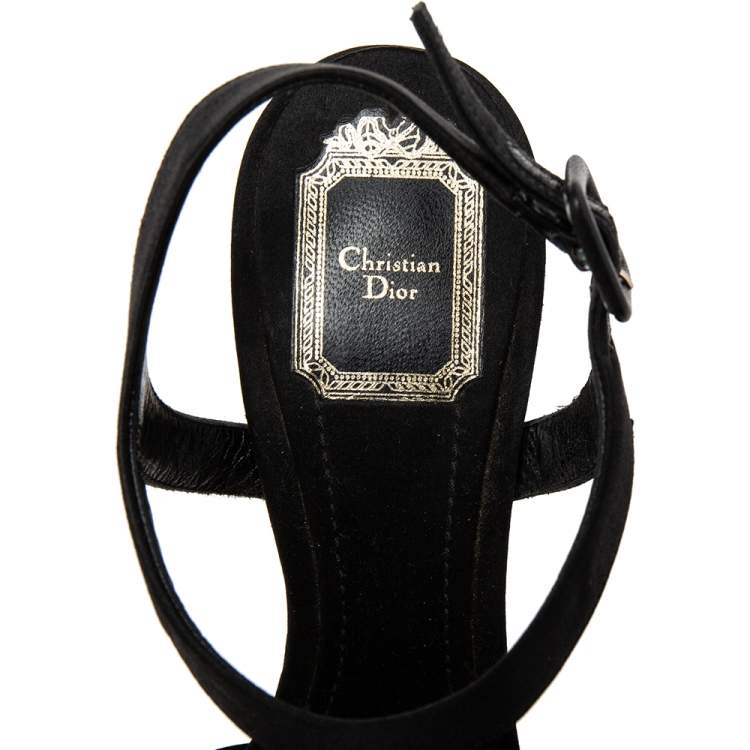 Pre Owned Dior Black Satin Crystal Cannage Heel Platform Sandals Size 38