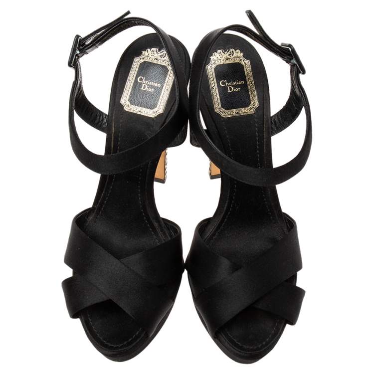 Pre Owned Dior Black Satin Crystal Cannage Heel Platform Sandals Size 38