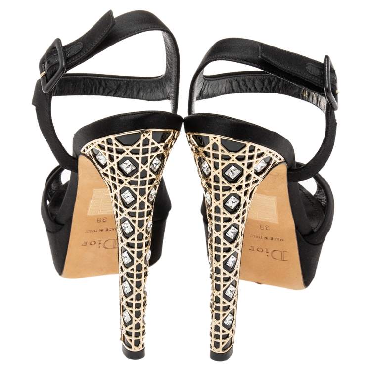 Pre Owned Dior Black Satin Crystal Cannage Heel Platform Sandals Size 38