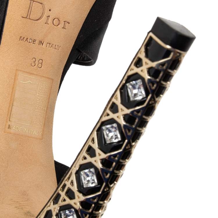 Pre Owned Dior Black Satin Crystal Cannage Heel Platform Sandals Size 38