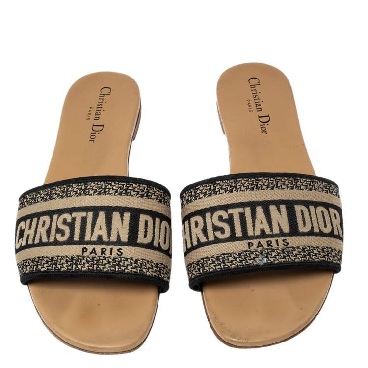 Pre Owned Dior beige/Black Canvas Logo Embroidered D-Way Flat Slides Size 40