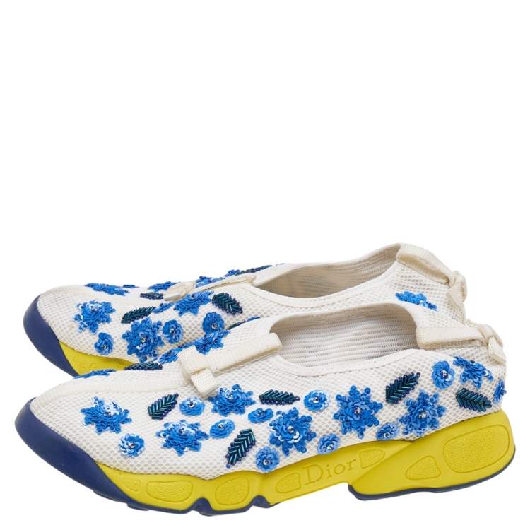 Pre Owned Dior White Mesh Fusion Floral Sequins Embellished Slip On Sneakers Size 37