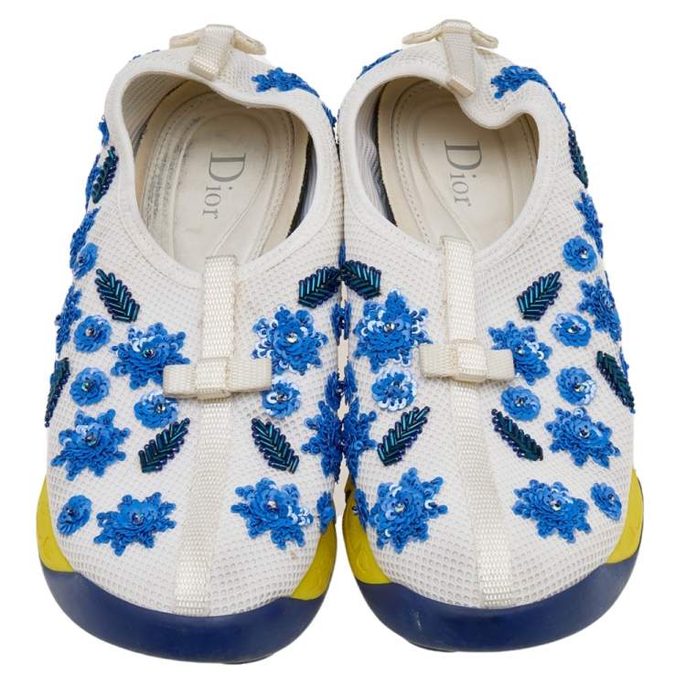 Pre Owned Dior White Mesh Fusion Floral Sequins Embellished Slip On Sneakers Size 37