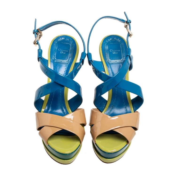 Pre Owned Dior Multicolor Patent Leather Cross Strap Slingback Platform Sandals Size 38