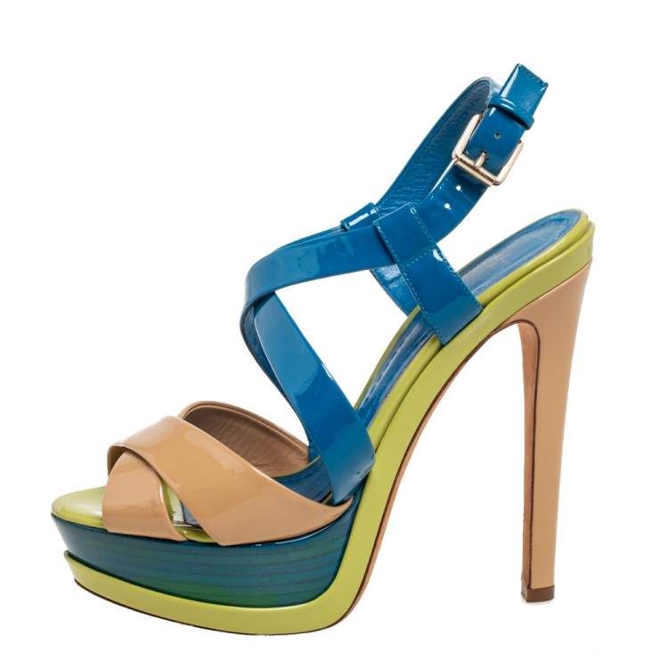 Pre Owned Dior Multicolor Patent Leather Cross Strap Slingback Platform Sandals Size 38
