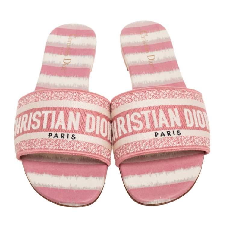 Pre Owned Dior Pink/Cream Embroidered Canvas Dway Flat Slides Size 40