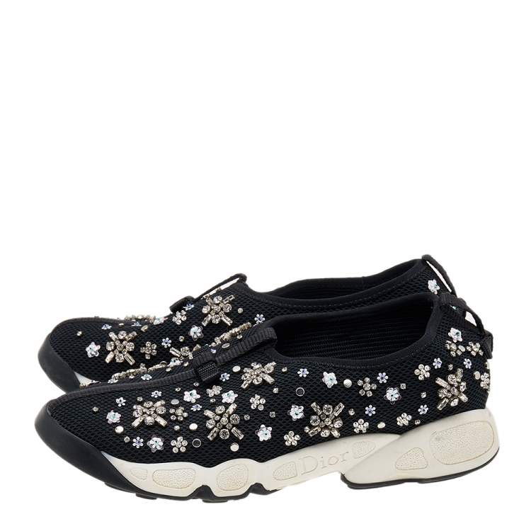 Pre Owned Dior Black Mesh Fusion Embellished Slip On Sneakers Size 38.5