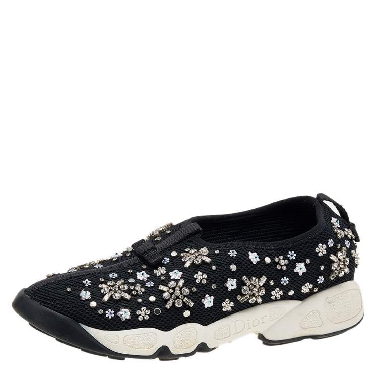 Pre Owned Dior Black Mesh Fusion Embellished Slip On Sneakers Size 38.5