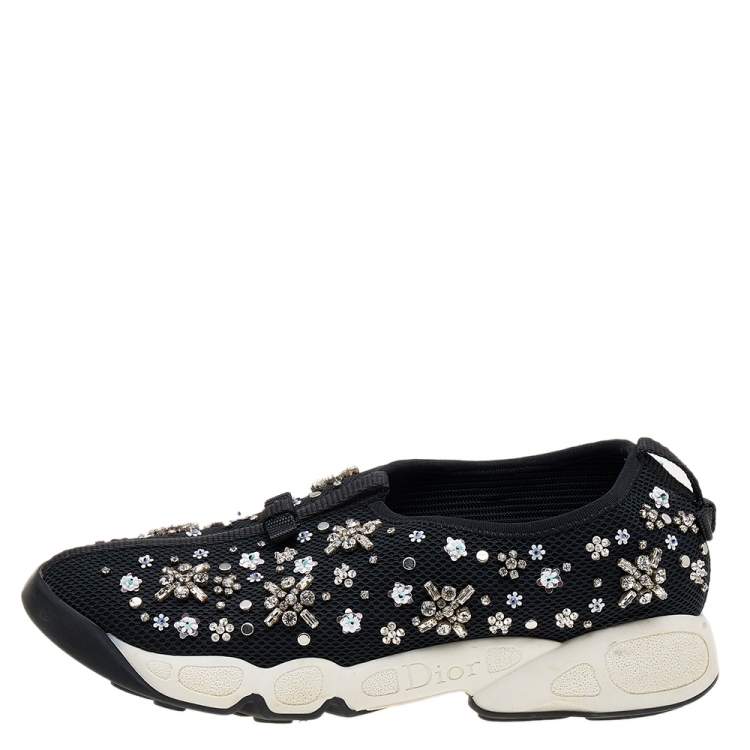 Pre Owned Dior Black Mesh Fusion Embellished Slip On Sneakers Size 38.5