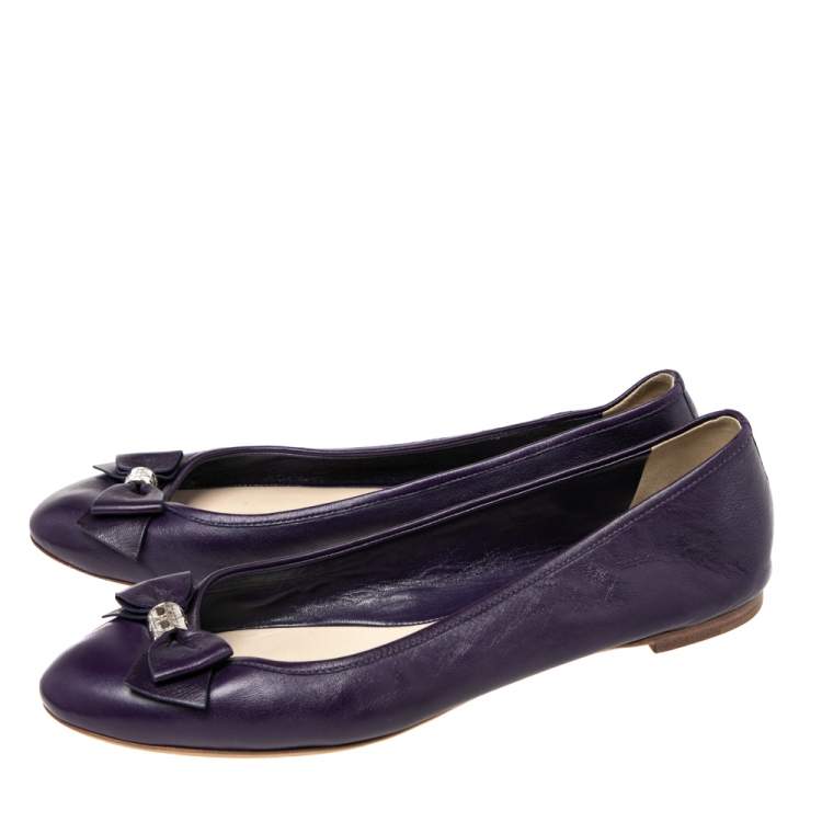 Pre Owned Dior Purple Leather Bow Ballet Flats Size 38