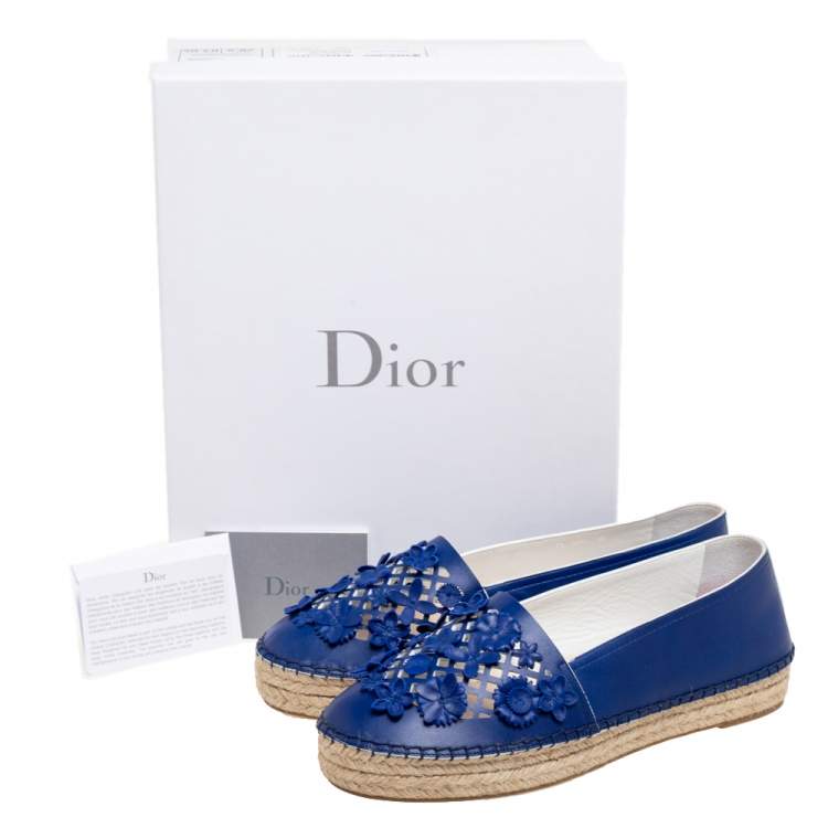 Pre Owned Dior Royal Blue Leather Cut-Out Flower Applique Flat Espadrilles Size 38.5