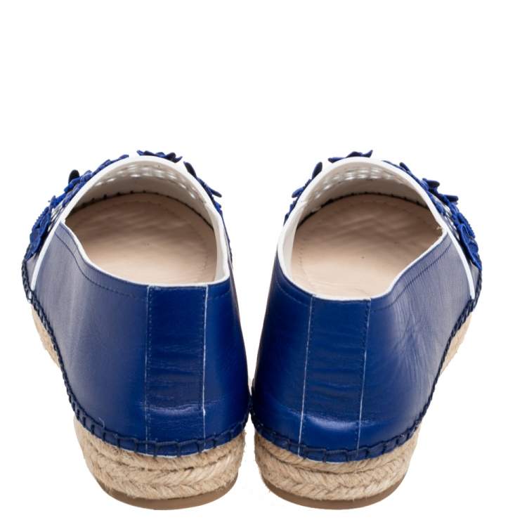 Pre Owned Dior Royal Blue Leather Cut-Out Flower Applique Flat Espadrilles Size 38.5