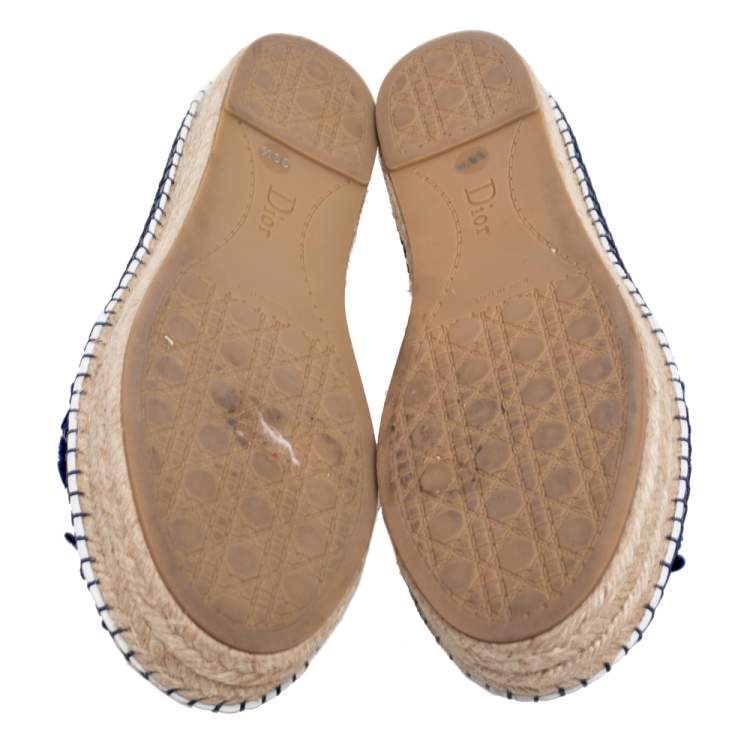 Pre Owned Dior Royal Blue Leather Cut-Out Flower Applique Flat Espadrilles Size 38.5
