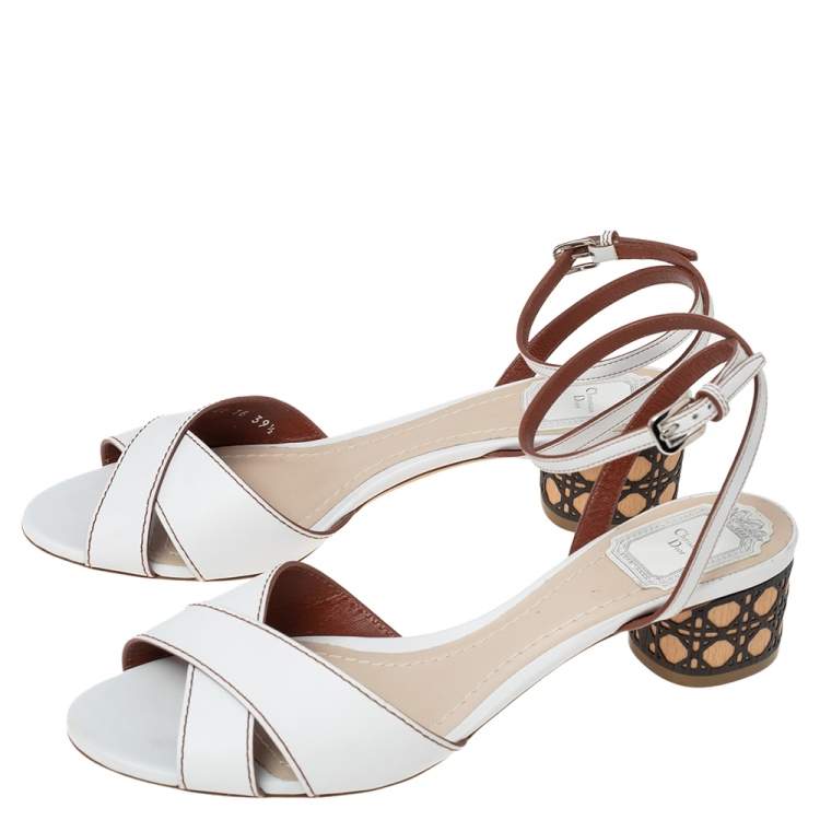 Pre Owned Dior White Leather Cannage Block Heel Ankle Strap Sandals Size 39.5