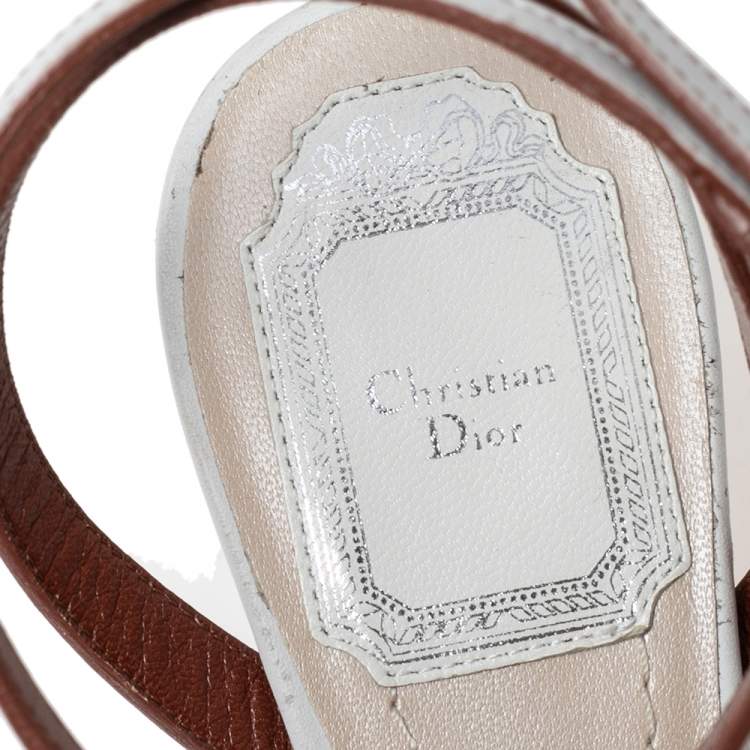 Pre Owned Dior White Leather Cannage Block Heel Ankle Strap Sandals Size 39.5