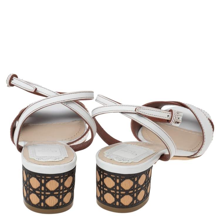 Pre Owned Dior White Leather Cannage Block Heel Ankle Strap Sandals Size 39.5