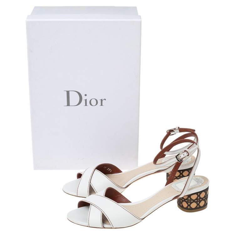 Pre Owned Dior White Leather Cannage Block Heel Ankle Strap Sandals Size 39.5