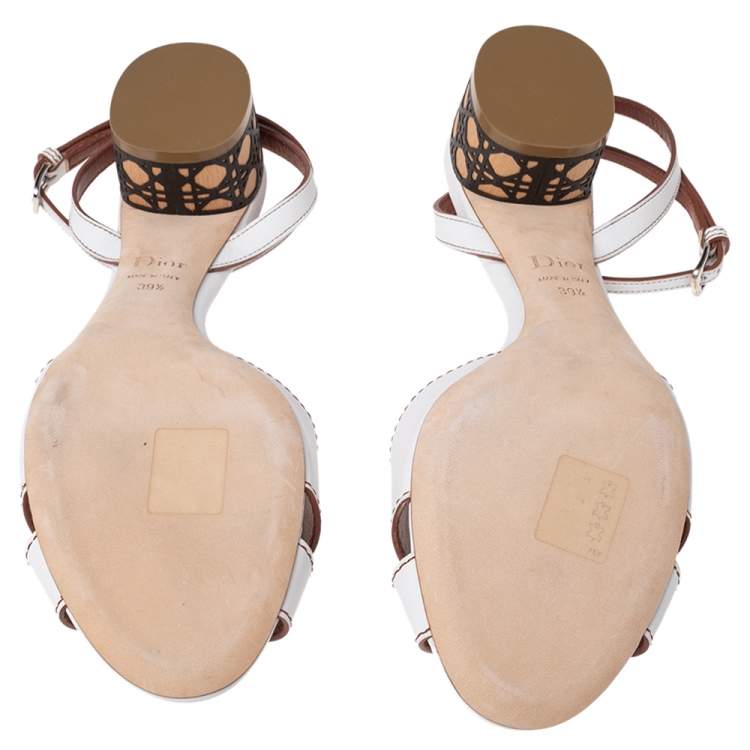 Pre Owned Dior White Leather Cannage Block Heel Ankle Strap Sandals Size 39.5