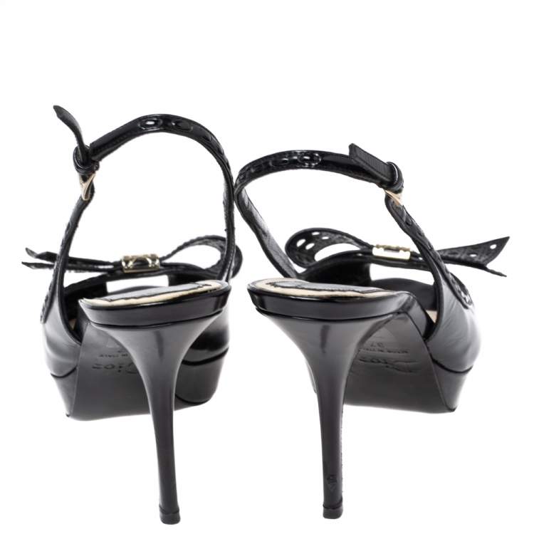 Pre Owned Dior Black Patent Leather Bow Slingback Sandals Size 37
