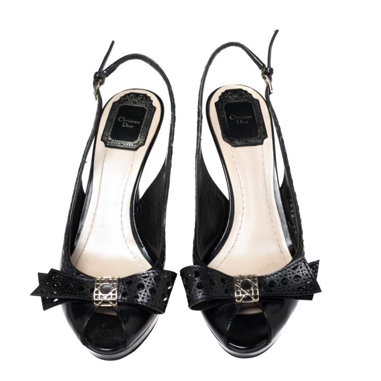 Pre Owned Dior Black Patent Leather Bow Slingback Sandals Size 37