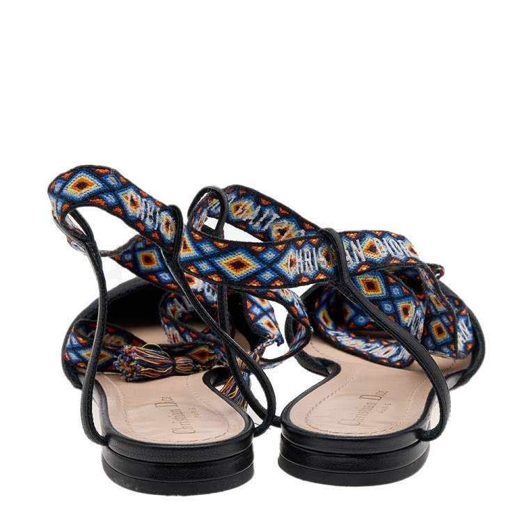 Pre Owned Dior Black Technical Fabric J'adior Ankle Wrap Flats Size 38.5