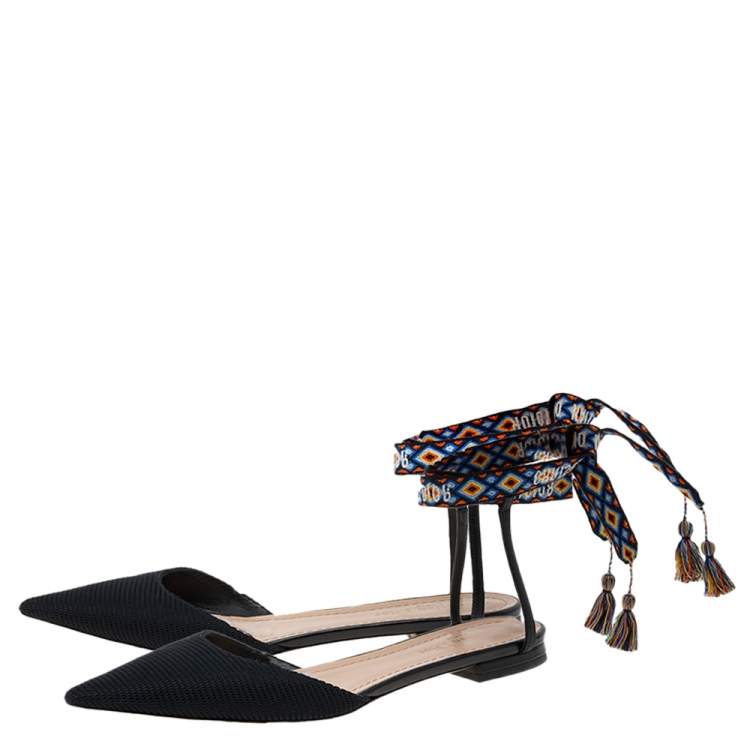 Pre Owned Dior Black Technical Fabric J'adior Ankle Wrap Flats Size 38.5