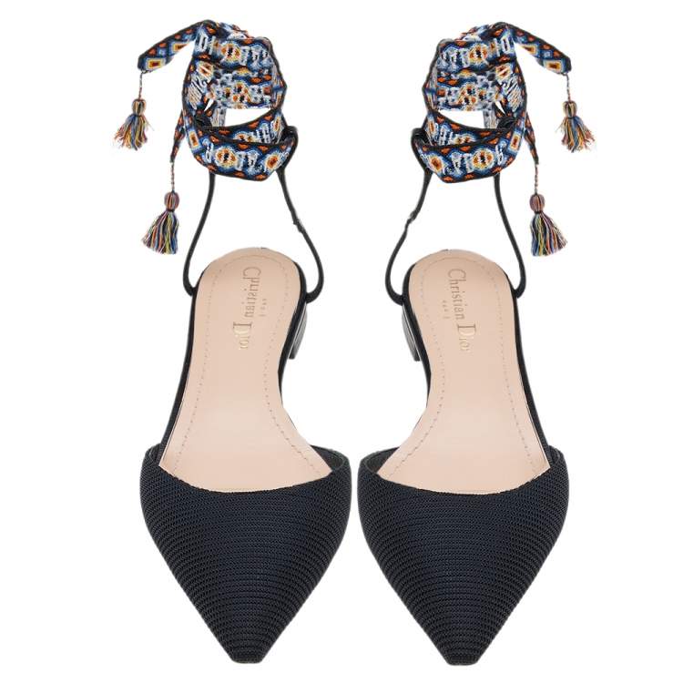 Pre Owned Dior Black Technical Fabric J'adior Ankle Wrap Flats Size 38.5