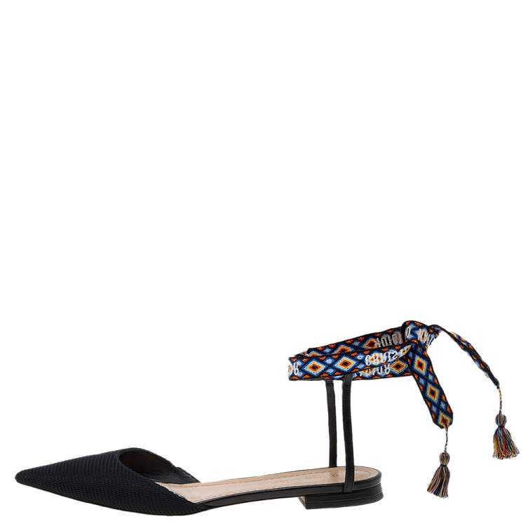Pre Owned Dior Black Technical Fabric J'adior Ankle Wrap Flats Size 38.5