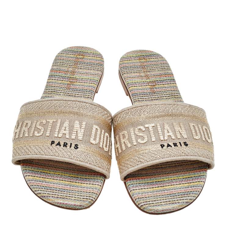 Pre Owned Dior Beige Cotton Knit Embroidered Dway Flat Slide Sandals Size 36