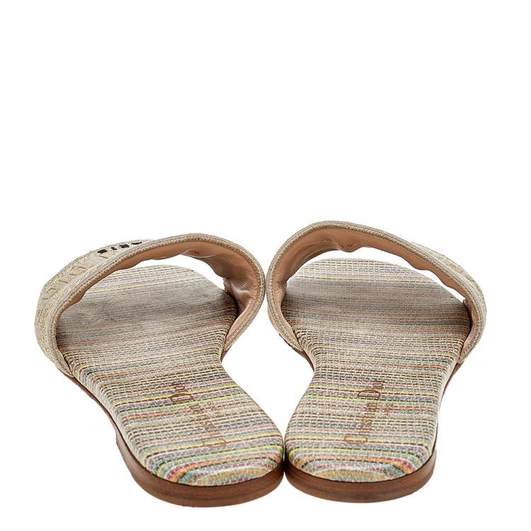 Pre Owned Dior Beige Cotton Knit Embroidered Dway Flat Slide Sandals Size 36