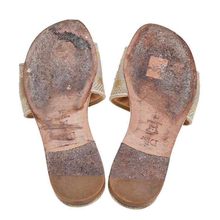 Pre Owned Dior Beige Cotton Knit Embroidered Dway Flat Slide Sandals Size 36