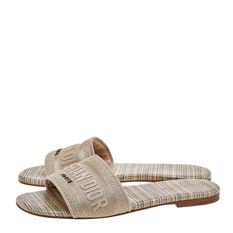Pre Owned Dior Beige Cotton Knit Embroidered Dway Flat Slide Sandals Size 36
