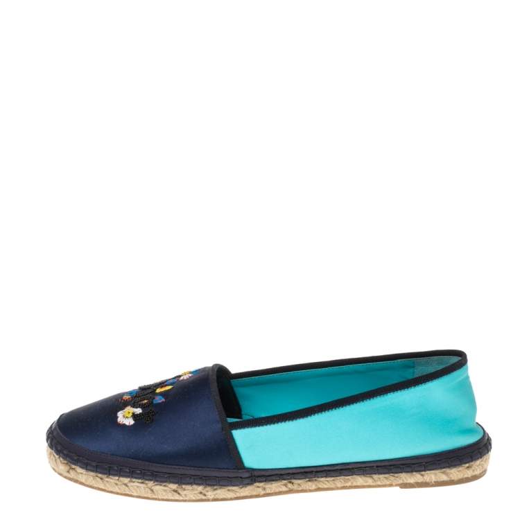 Pre Owned Dior Two-Tone Satin Embroidered Flat Espadrilles Size 39.5