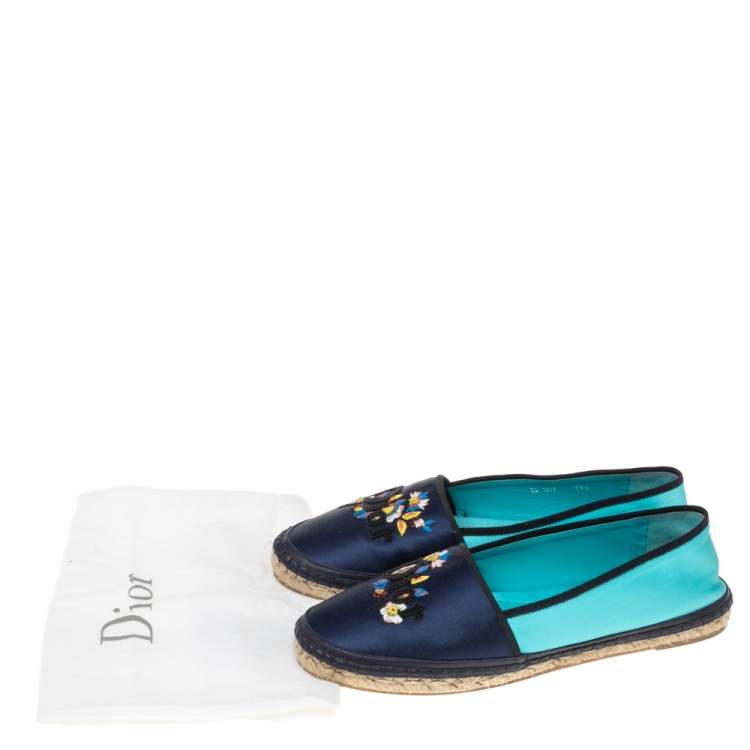 Pre Owned Dior Two-Tone Satin Embroidered Flat Espadrilles Size 39.5