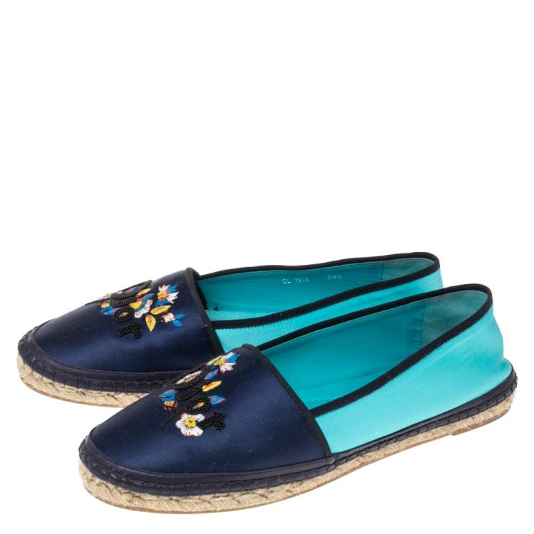 Pre Owned Dior Two-Tone Satin Embroidered Flat Espadrilles Size 39.5