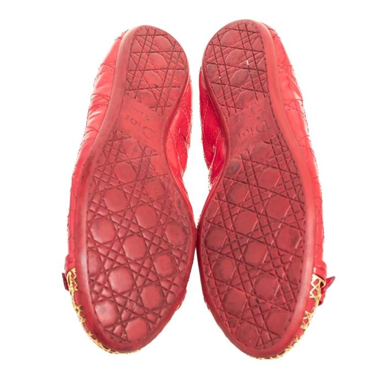 Pre Owned Dior Red Cannage Patent Leather Bow Ballet Flats Size 39.5