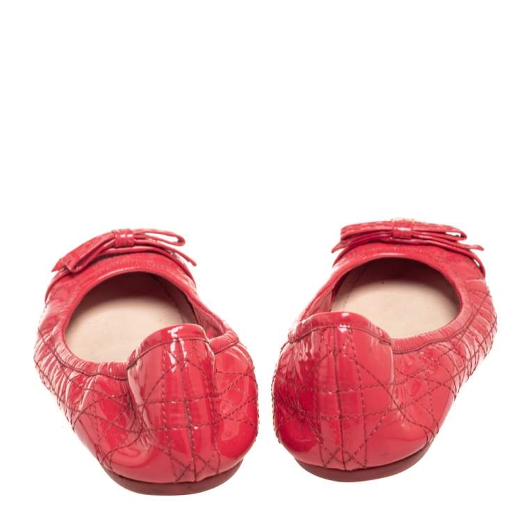 Pre Owned Dior Red Cannage Patent Leather Bow Ballet Flats Size 39.5