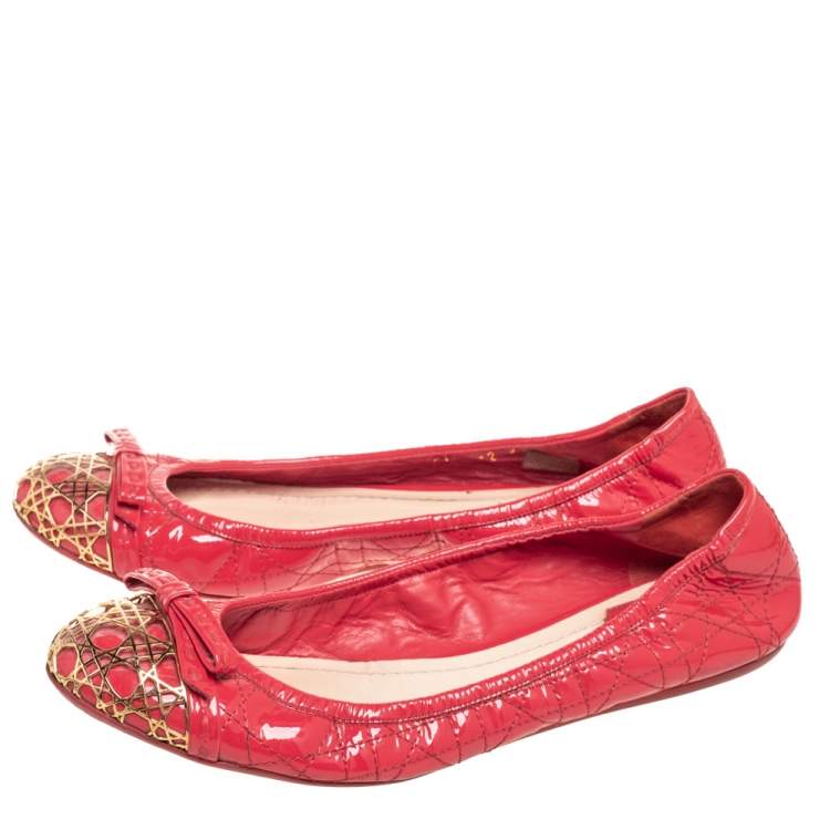 Pre Owned Dior Red Cannage Patent Leather Bow Ballet Flats Size 39.5