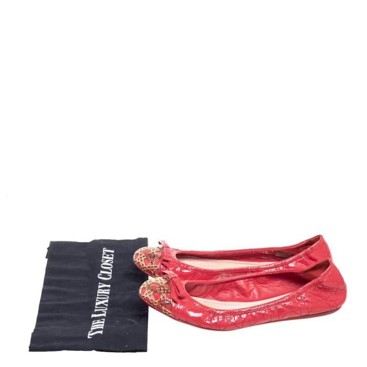 Pre Owned Dior Red Cannage Patent Leather Bow Ballet Flats Size 39.5