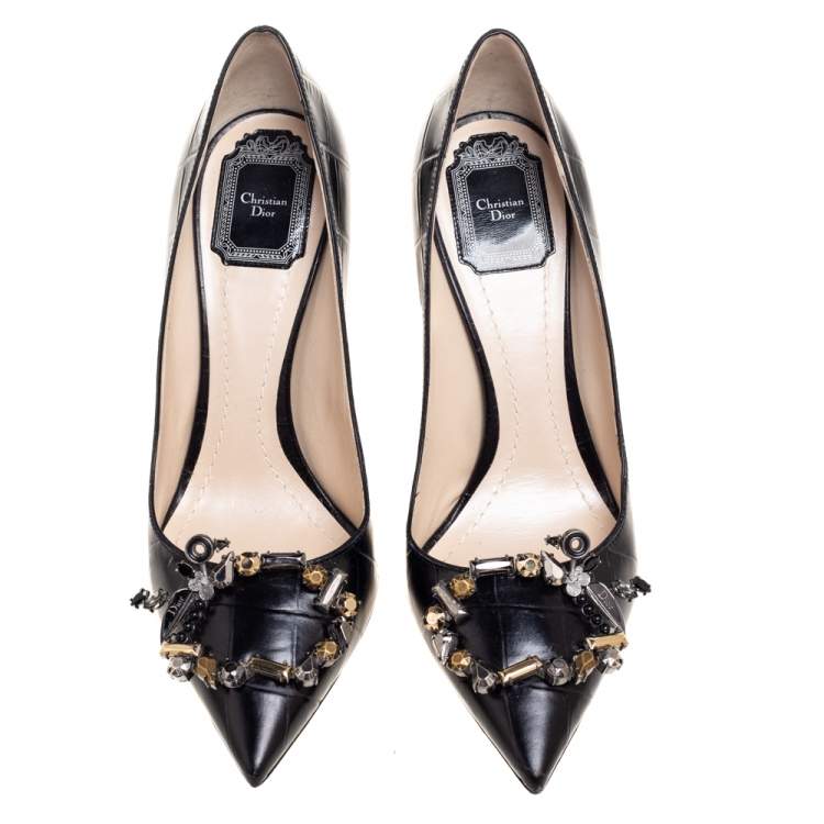 مملوكة مسبقًا Dior Black Croc Embossed Leather Embellished Pointed Toe Pumps Size 39.5