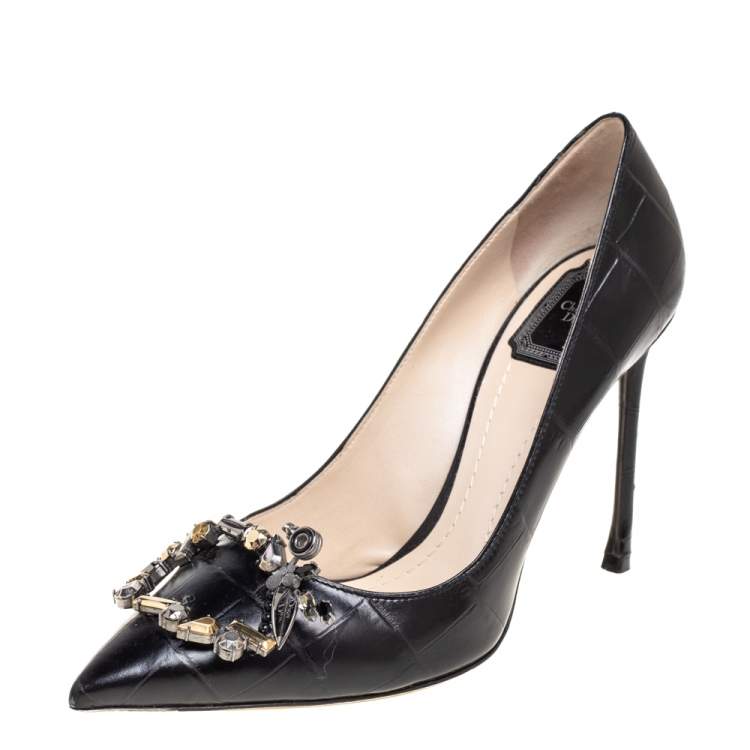 مملوكة مسبقًا Dior Black Croc Embossed Leather Embellished Pointed Toe Pumps Size 39.5