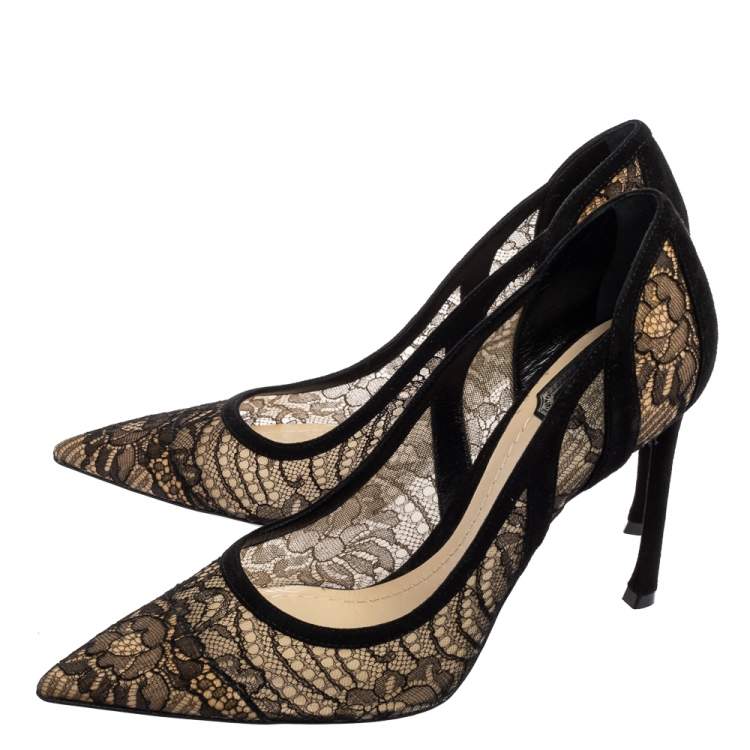 Pre Owned Dior Black Net And Suede Pointed Toe Pumps Size 38.5