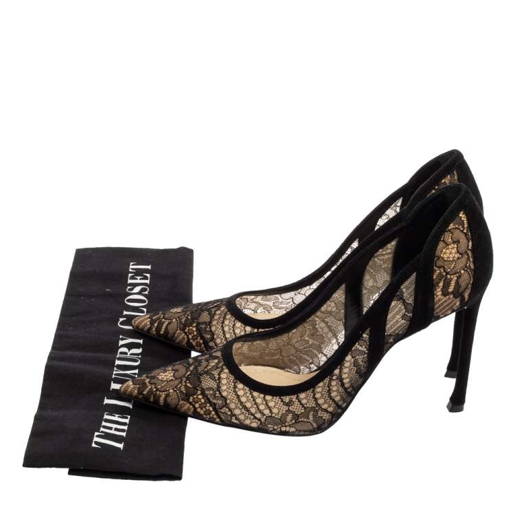 Pre Owned Dior Black Net And Suede Pointed Toe Pumps Size 38.5
