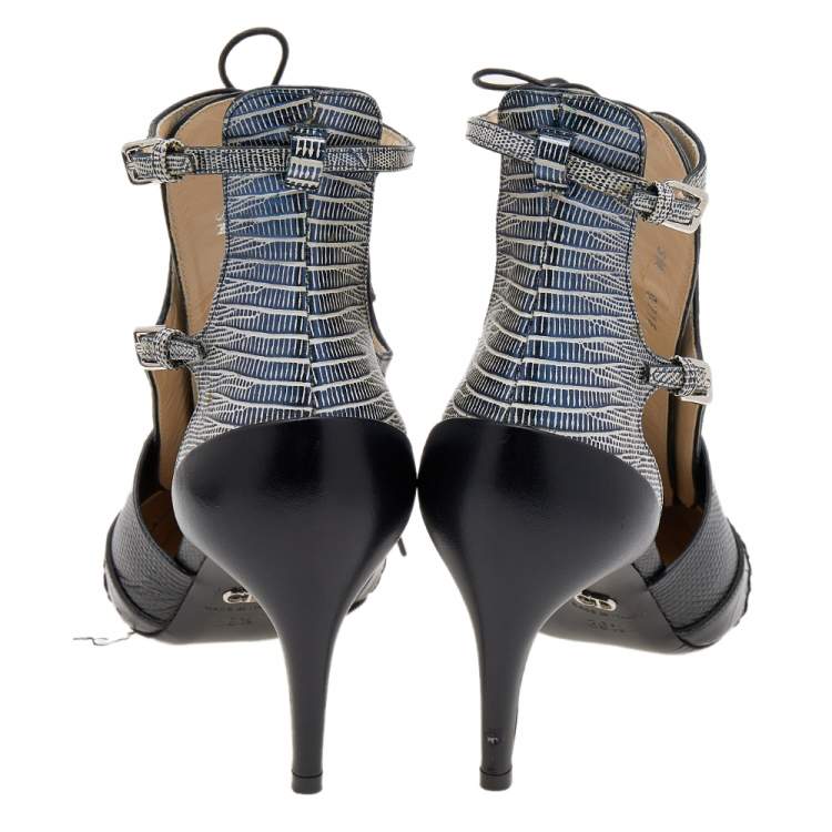 Pre Owned Dior Tricolor Lizard Embossed And Croc Embossed Leather Nomade Cut Out Lace Up Booties Size 36.5