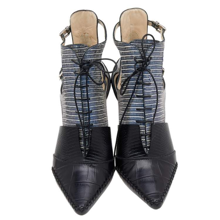 Pre Owned Dior Tricolor Lizard Embossed And Croc Embossed Leather Nomade Cut Out Lace Up Booties Size 36.5