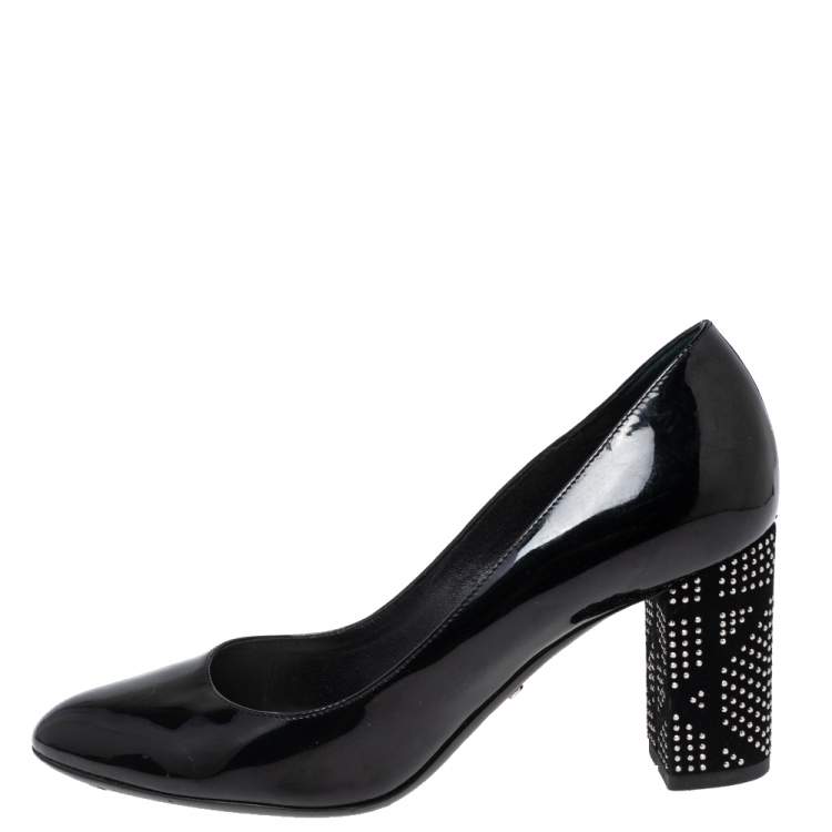 Pre Owned Dior Black Patent Leather Studded Block Heel Pumps Size 37