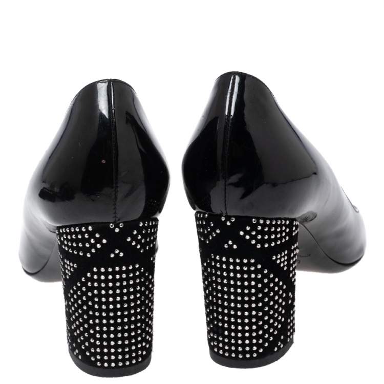 Pre Owned Dior Black Patent Leather Studded Block Heel Pumps Size 37