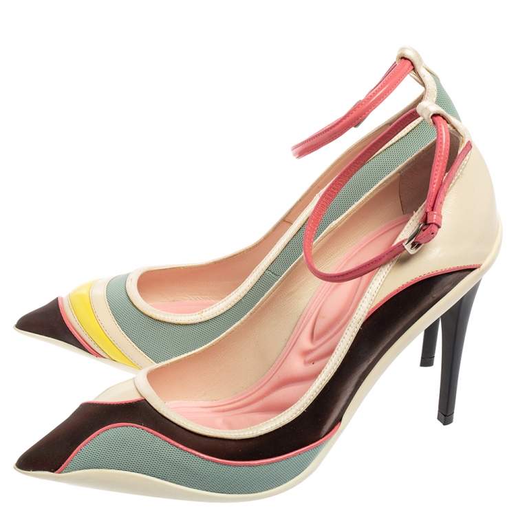 Pre Owned Dior Multicolor Mesh And Leather Pointed Toe Ankle Strap Pumps Size 37